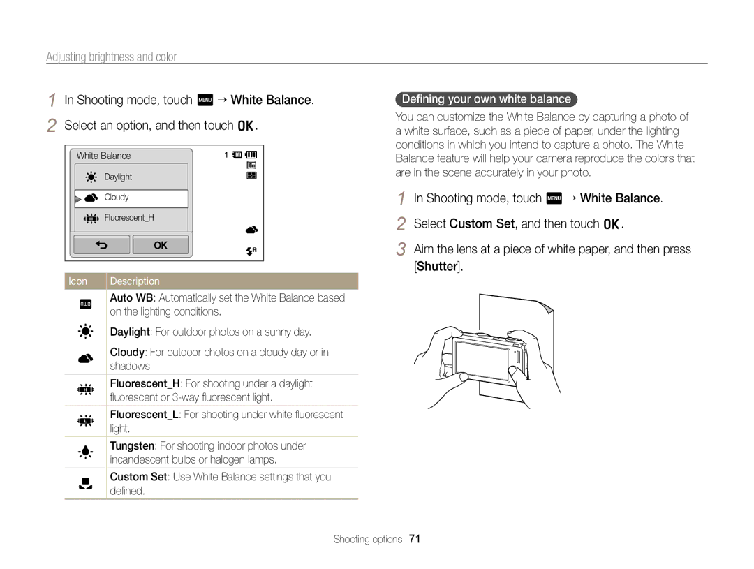 Samsung ECSH100ZBPRUS user manual Deﬁning your own white balance 