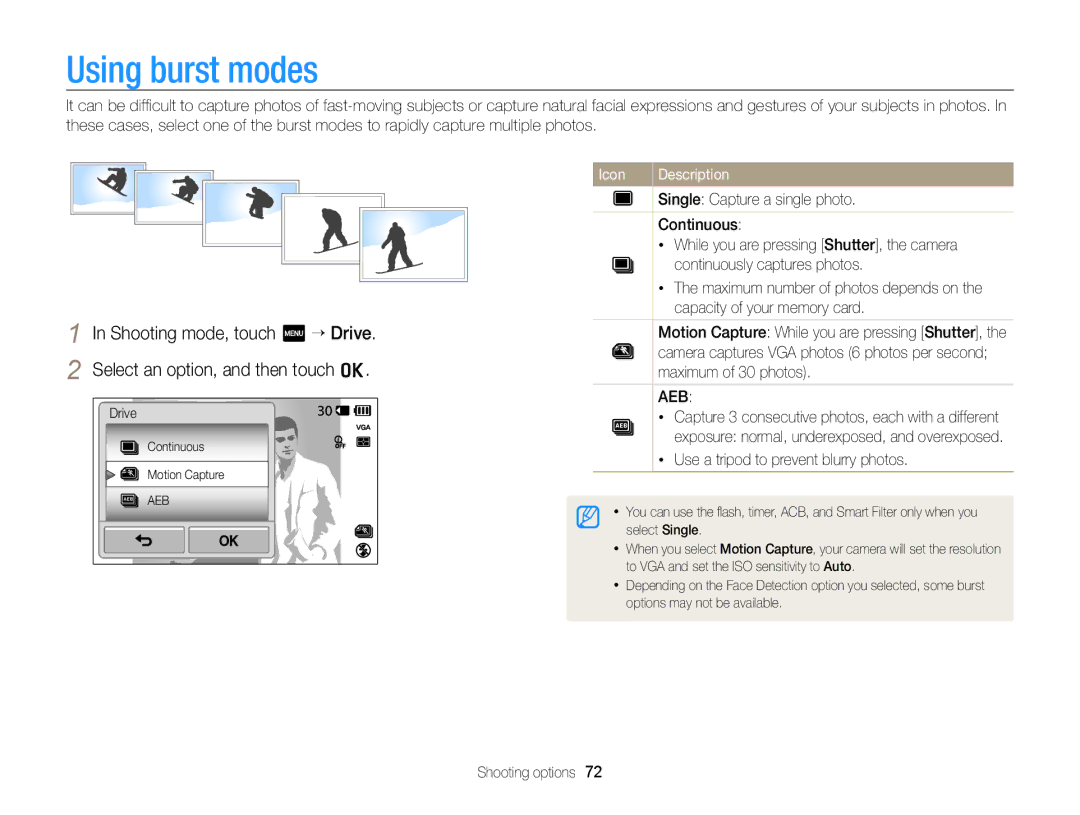 Samsung ECSH100ZBPRUS user manual Using burst modes, Use a tripod to prevent blurry photos 