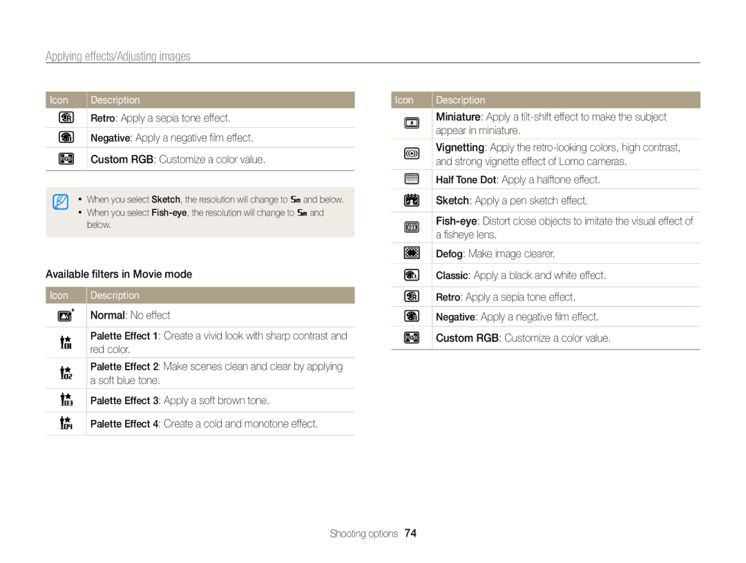 Samsung ECSH100ZBPRUS user manual Applying effects/Adjusting images 