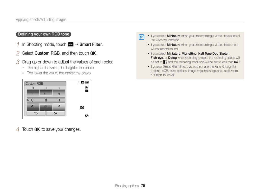 Samsung ECSH100ZBPRUS user manual Touch o to save your changes, Deﬁning your own RGB tone 