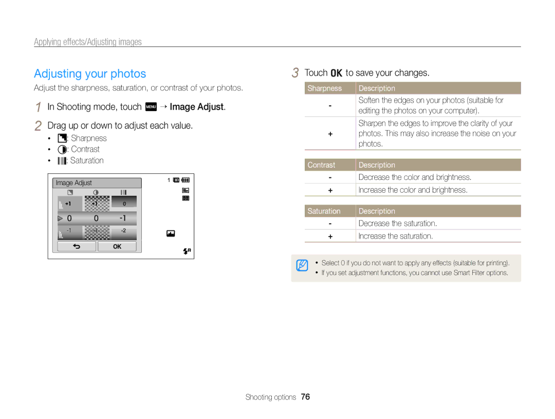 Samsung ECSH100ZBPRUS Adjusting your photos, Sharpness Description, Editing the photos on your computer, Contrast 