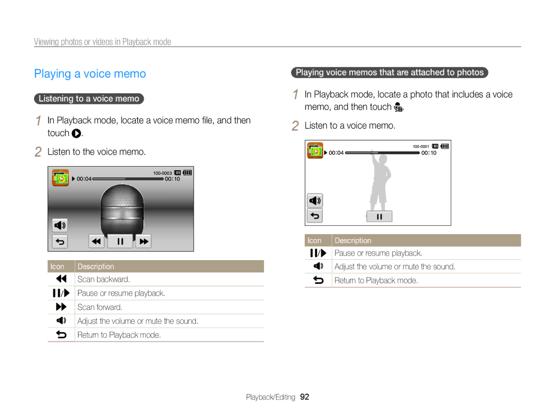 Samsung ECSH100ZBPRUS Playing a voice memo, Listening to a voice memo, Playing voice memos that are attached to photos 