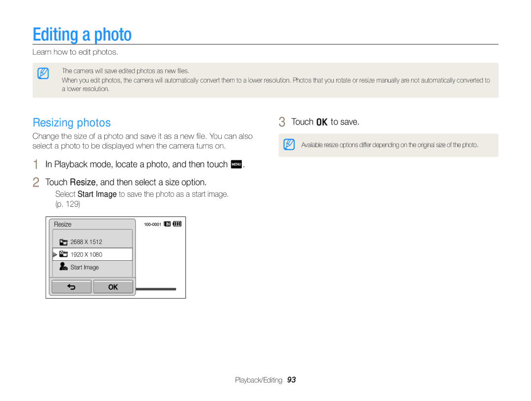 Samsung ECSH100ZBPRUS user manual Editing a photo, Resizing photos, Learn how to edit photos 