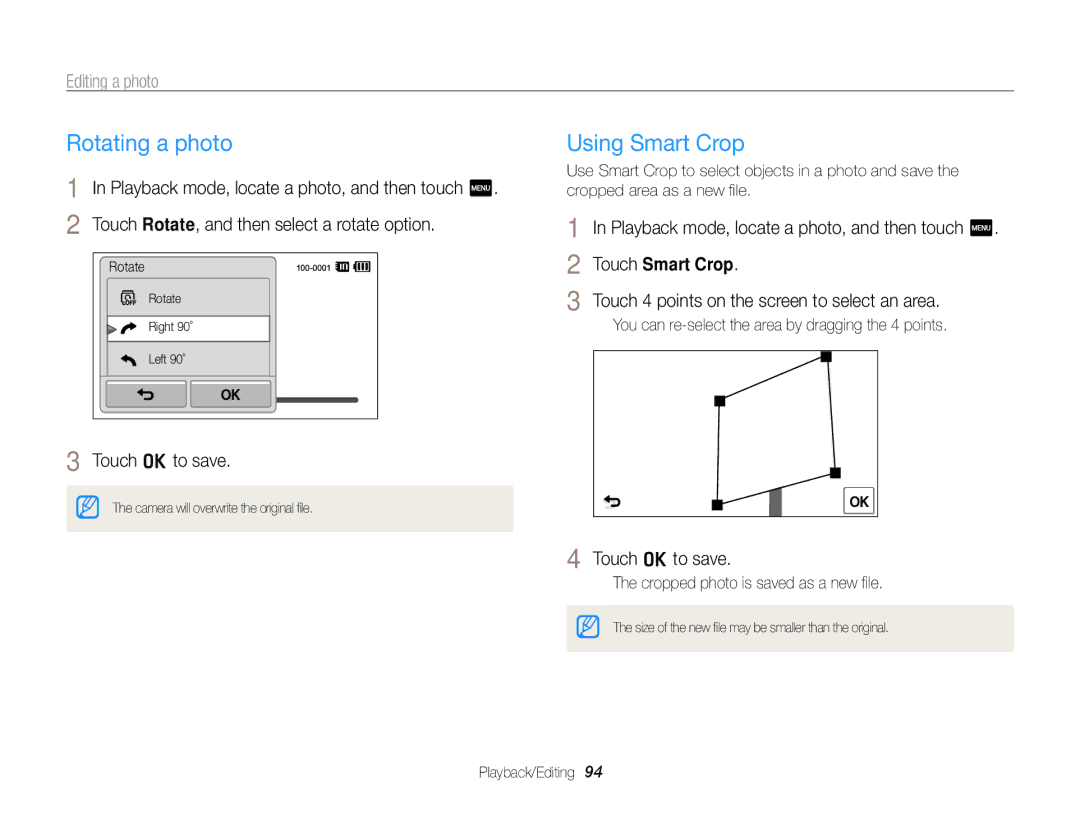 Samsung ECSH100ZBPRUS user manual Rotating a photo, Using Smart Crop, Editing a photo 