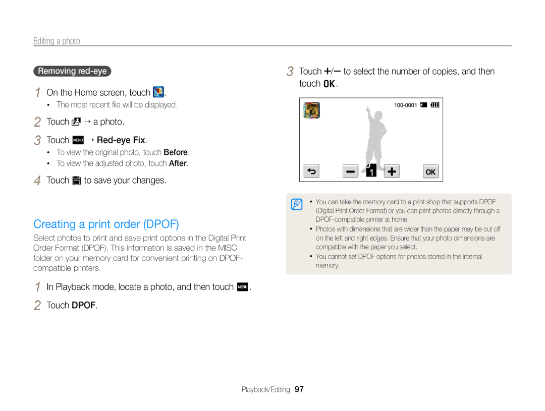 Samsung ECSH100ZBPRUS user manual Creating a print order Dpof, Touch “ a photo, Removing red-eye, Touch m “ Red-eye Fix 