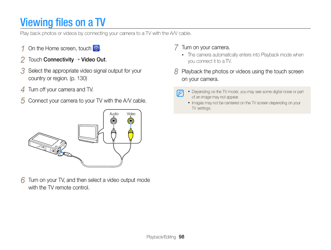 Samsung ECSH100ZBPRUS Viewing ﬁles on a TV, Touch Connectivity “ Video Out, Country or region. p, Turn on your camera 