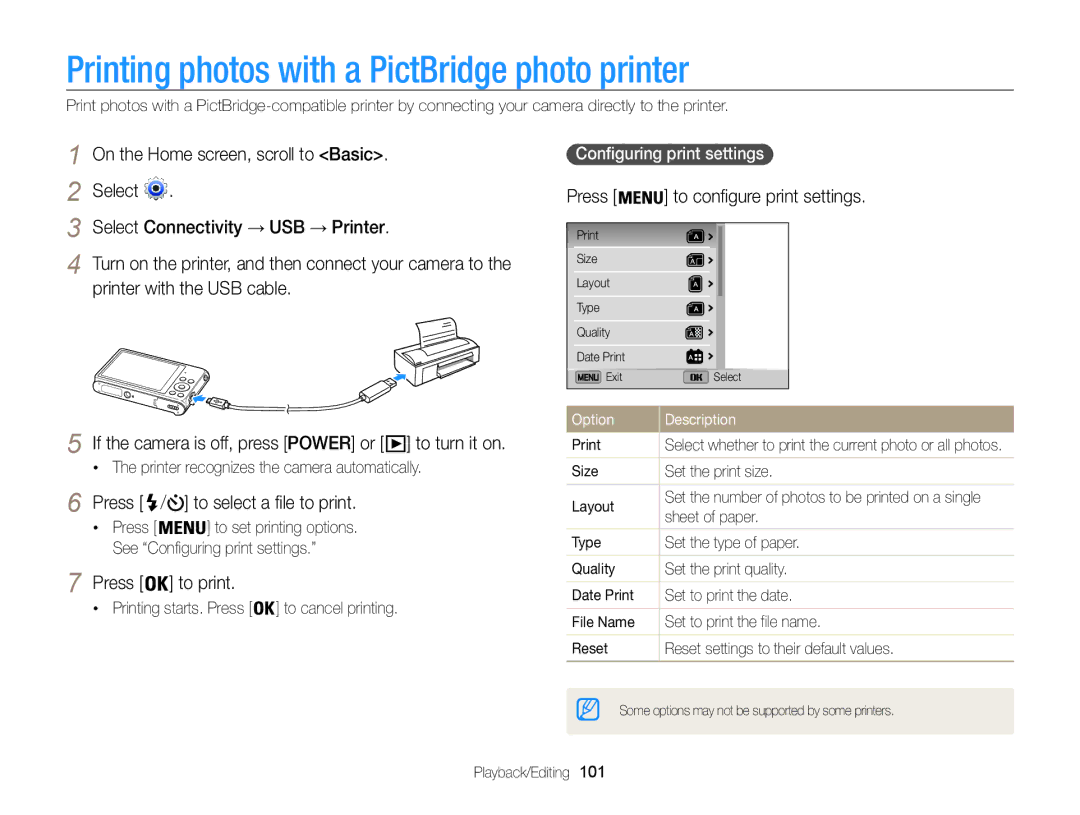 Samsung ECST200FBPLUS Printing photos with a PictBridge photo printer, Press / to select a file to print, Press to print 