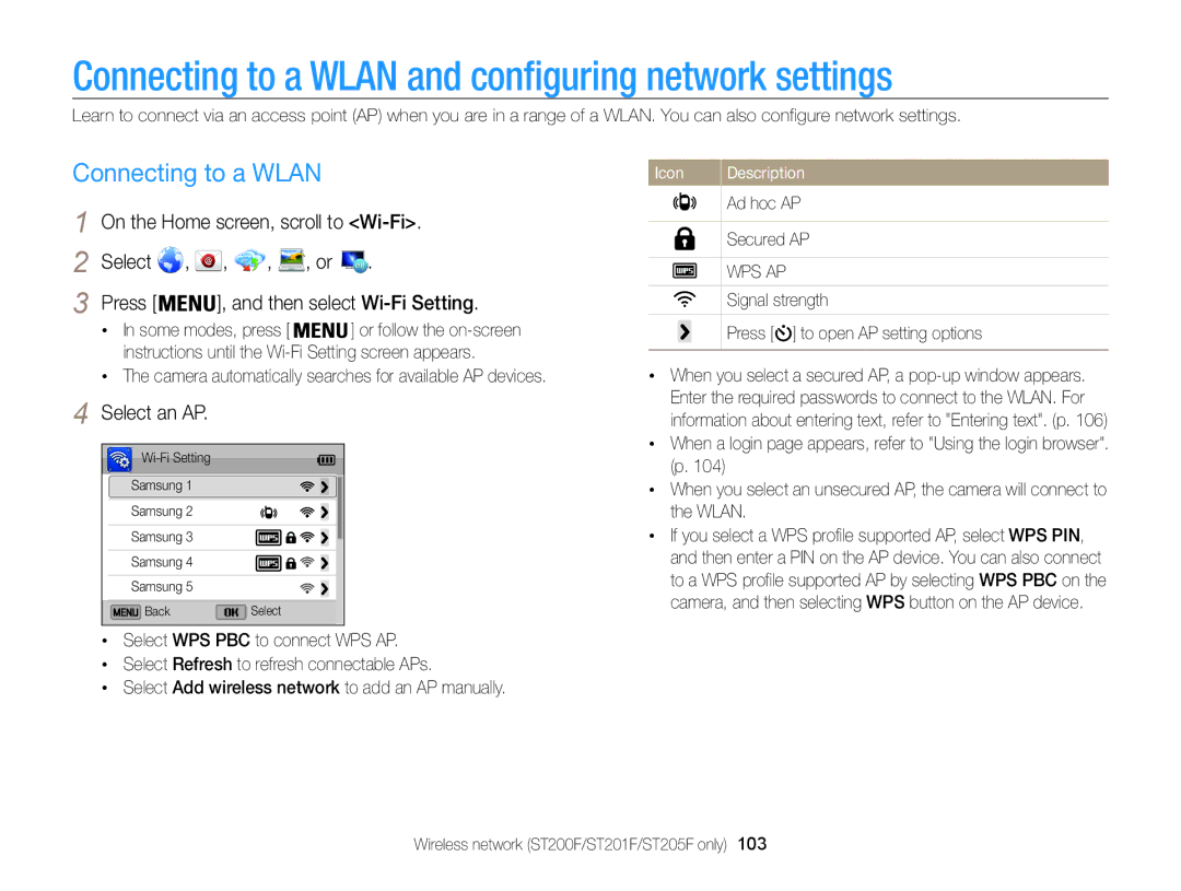 Samsung ECST200FBPLUS user manual Connecting to a Wlan and configuring network settings, Select an AP 