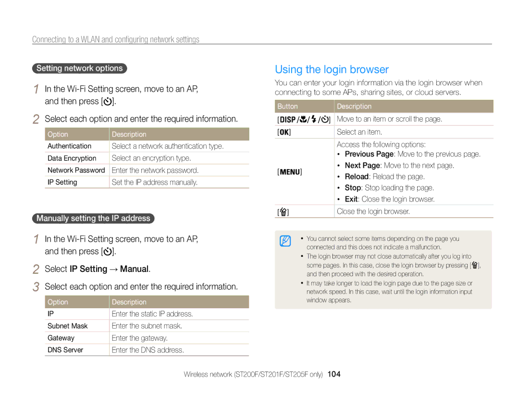 Samsung ECST200FBPLUS user manual Using the login browser, Connecting to a Wlan and configuring network settings 