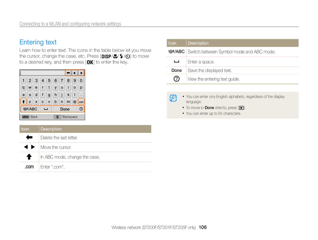 Samsung ECST200FBPLUS user manual Entering text, Switch between Symbol mode and ABC mode, Enter a space 