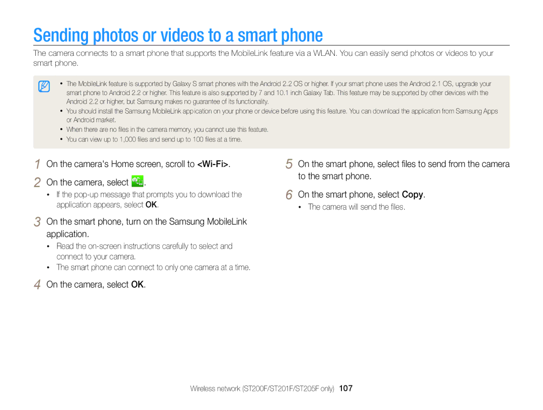 Samsung ECST200FBPLUS user manual Sending photos or videos to a smart phone, Camera will send the files 