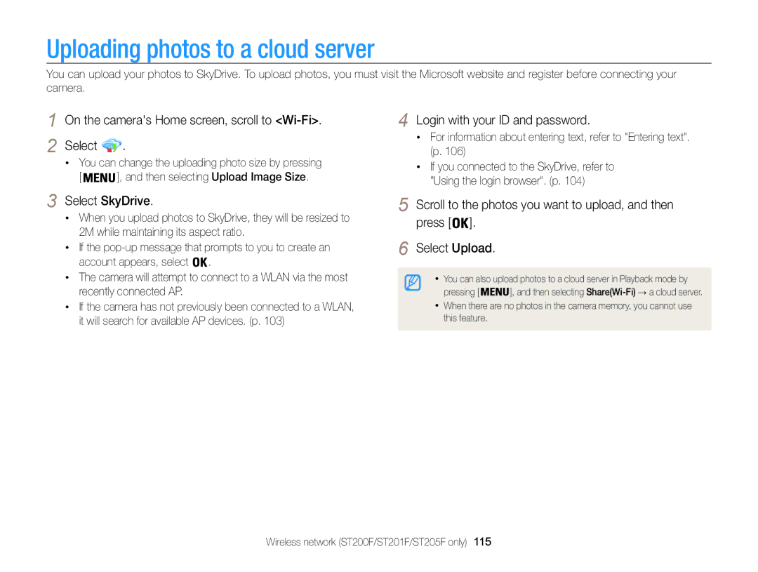 Samsung ECST200FBPLUS user manual Uploading photos to a cloud server, On the cameras Home screen, scroll to Wi-Fi Select 