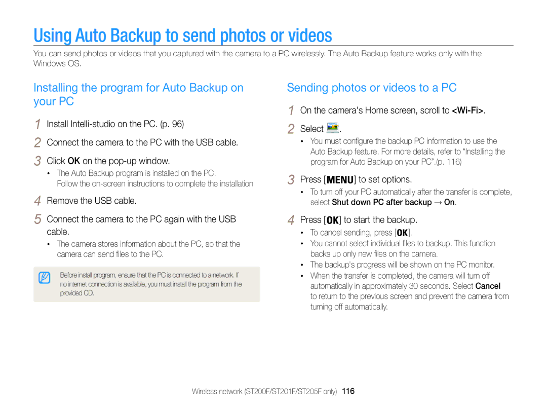 Samsung ECST200FBPLUS Using Auto Backup to send photos or videos, Installing the program for Auto Backup on your PC 