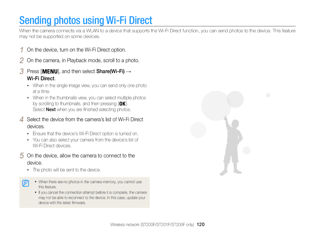 Samsung ECST200FBPLUS user manual Sending photos using Wi-Fi Direct, On the device, turn on the Wi-Fi Direct option 