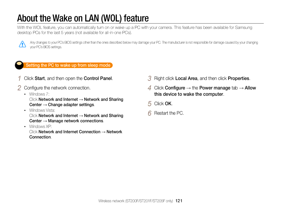 Samsung ECST200FBPLUS user manual About the Wake on LAN WOL feature, Setting the PC to wake up from sleep mode 