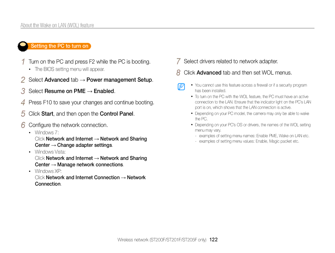 Samsung ECST200FBPLUS user manual About the Wake on LAN WOL feature, Turn on the PC and press F2 while the PC is booting 