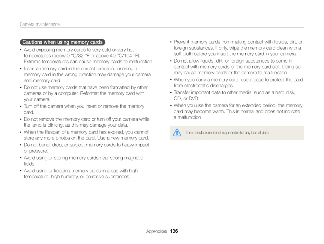 Samsung ECST200FBPLUS user manual Manufacturer is not responsible for any loss of data 