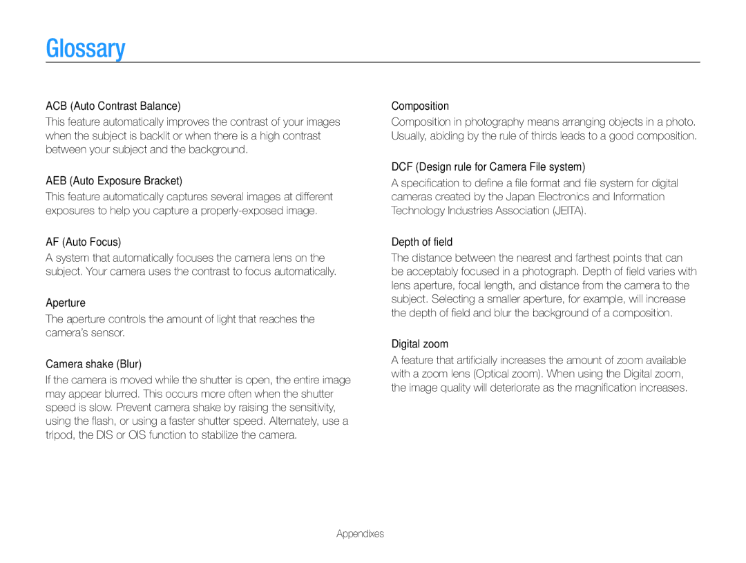 Samsung ECST200FBPLUS user manual Glossary, AF Auto Focus, Composition 