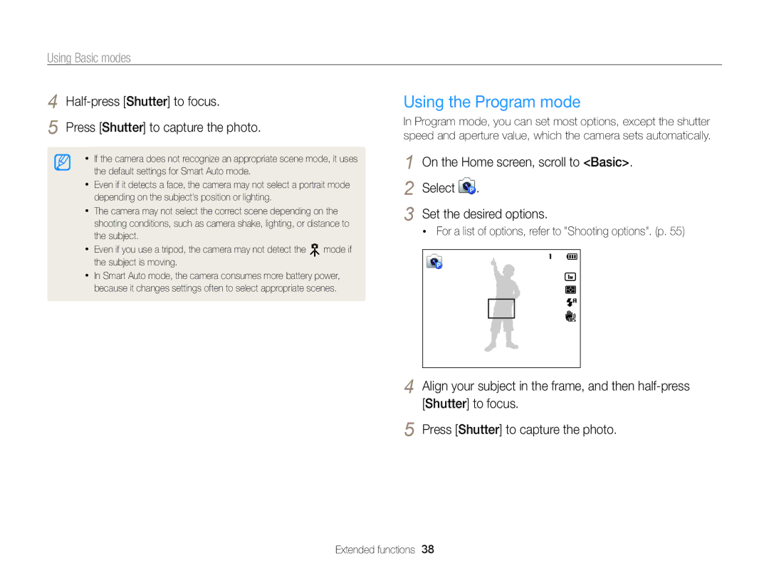 Samsung ECST200FBPLUS Using the Program mode, Using Basic modes, For a list of options, refer to Shooting options. p 