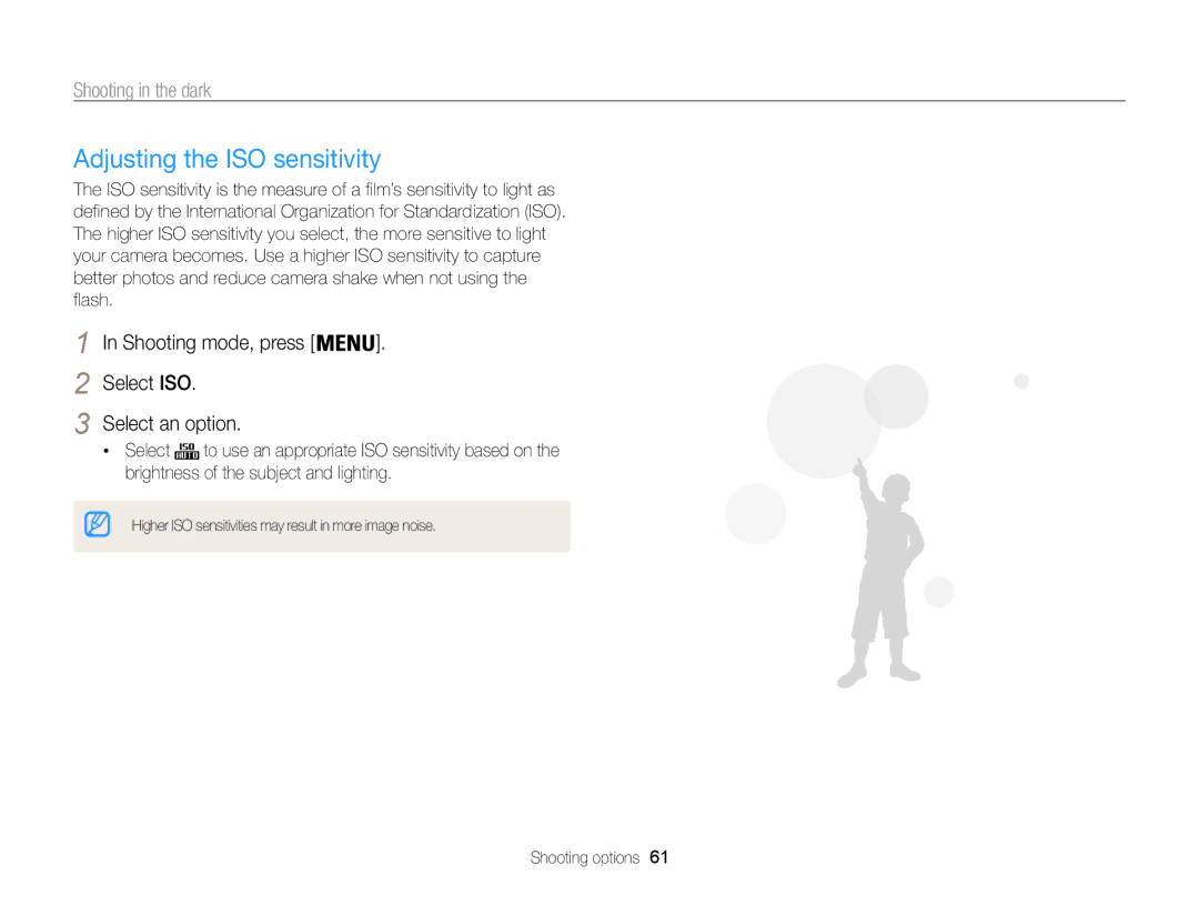 Samsung ECST200FBPLUS user manual Adjusting the ISO sensitivity, Shooting mode, press Select ISO Select an option 