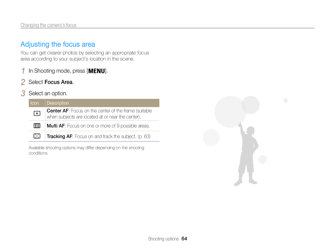 Samsung ECST200FBPLUS user manual Adjusting the focus area, Shooting mode, press Select Focus Area Select an option 