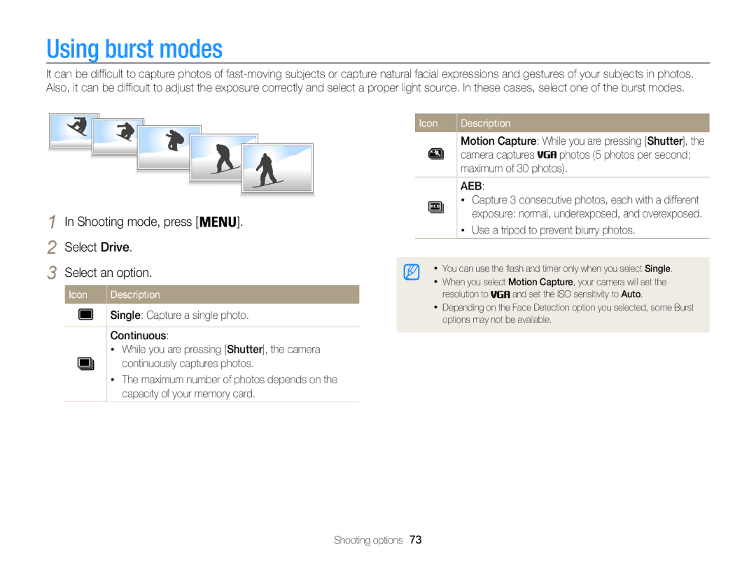 Samsung ECST200FBPLUS user manual Using burst modes, Shooting mode, press Select Drive Select an option, Camera captures 