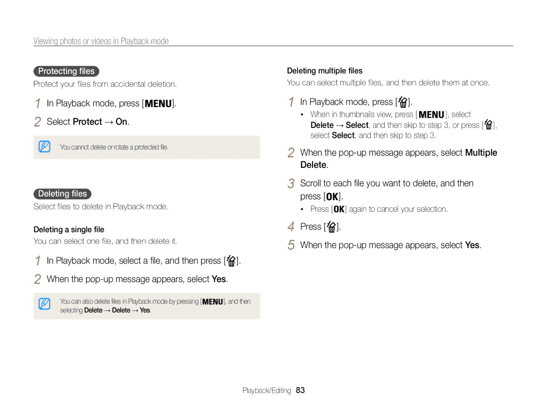 Samsung ECST200FBPLUS user manual Playback mode, press Select Protect → On, Playback mode, select a file, and then press 