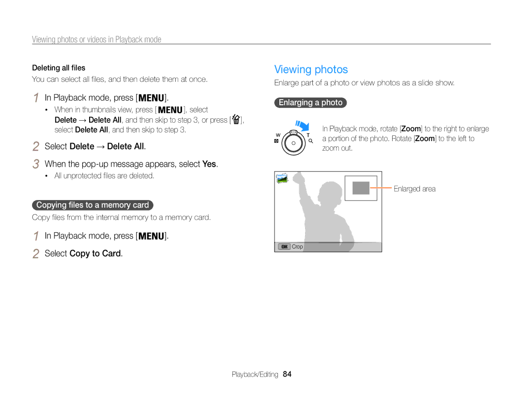 Samsung ECST200FBPLUS user manual Viewing photos, Select Delete → Delete All, Playback mode, press Select Copy to Card 