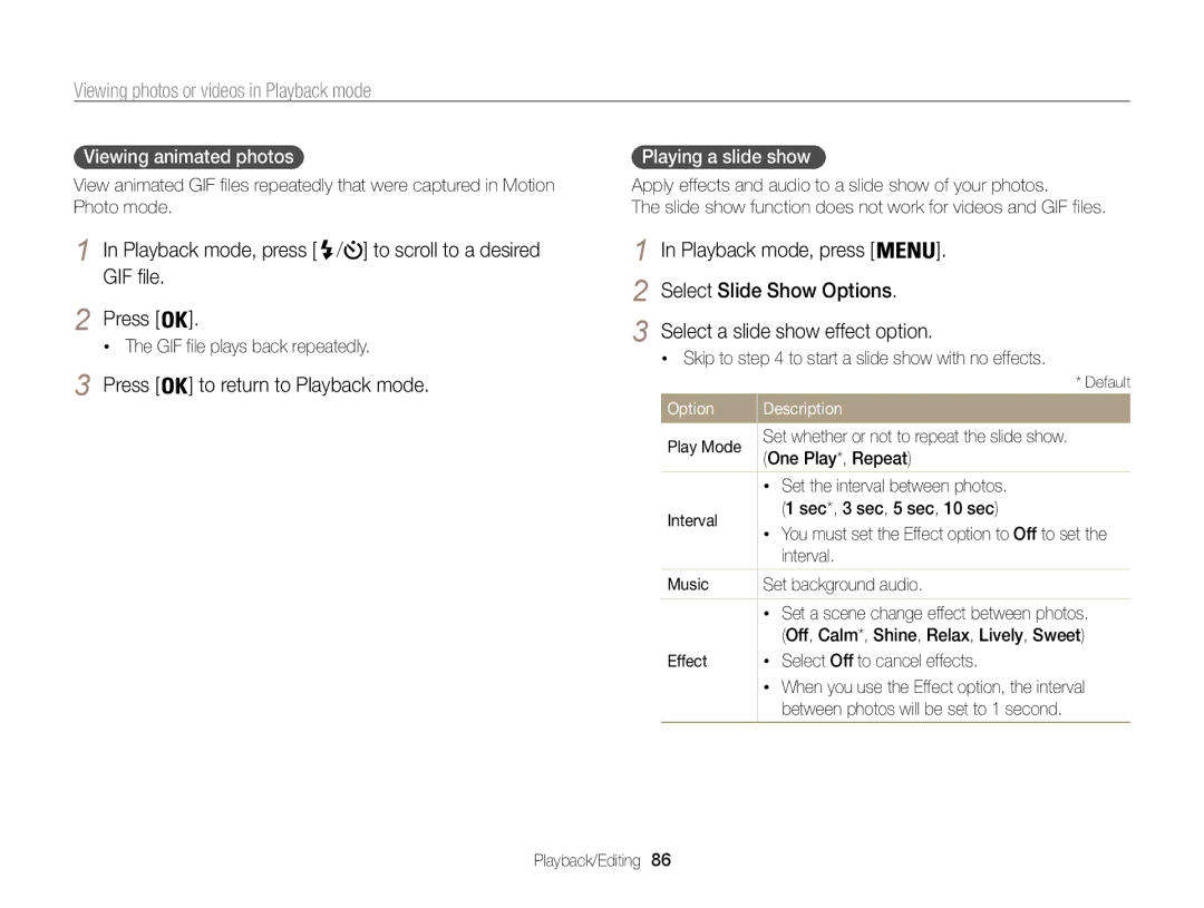 Samsung ECST200FBPLUS user manual GIF file plays back repeatedly, Skip to to start a slide show with no effects 