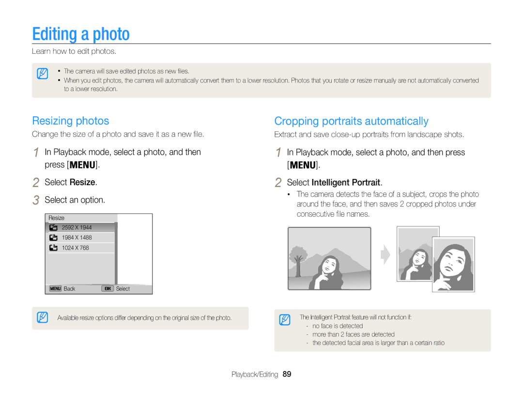 Samsung ECST200FBPLUS user manual Editing a photo, Resizing photos, Cropping portraits automatically 