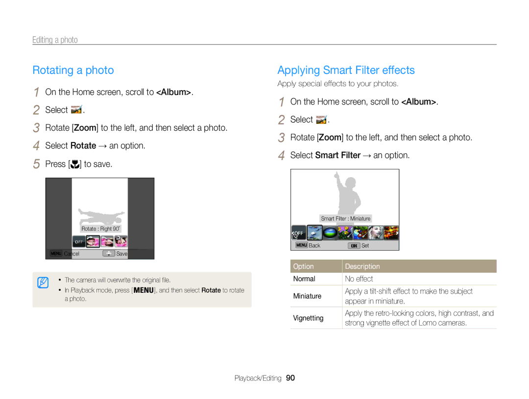 Samsung ECST200FBPLUS Rotating a photo, Applying Smart Filter effects, Editing a photo, Normal No effect Miniature 