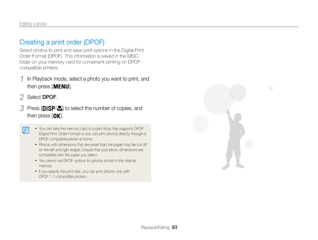 Samsung ECST200FBPLUS user manual Creating a print order Dpof, Playback mode, select a photo you want to print, Then press 