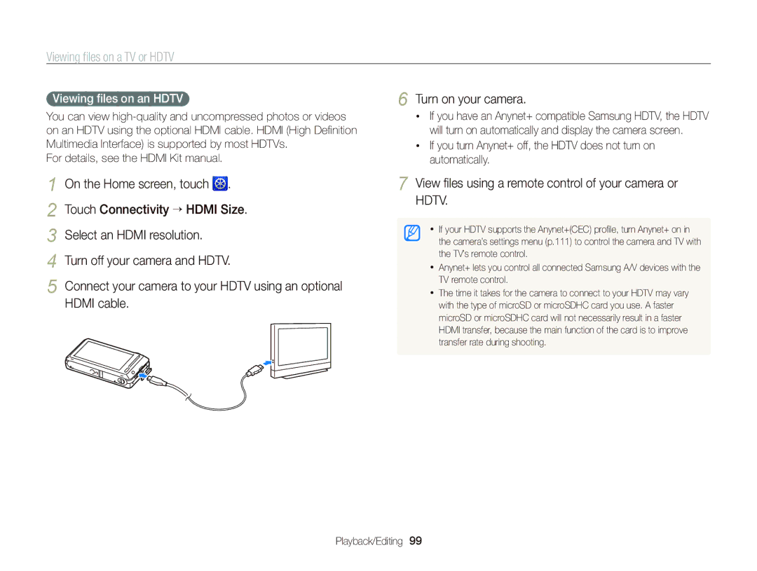 Samsung ECST700, EC-ST700ZBPBUS user manual Viewing ﬁles on a TV or Hdtv 