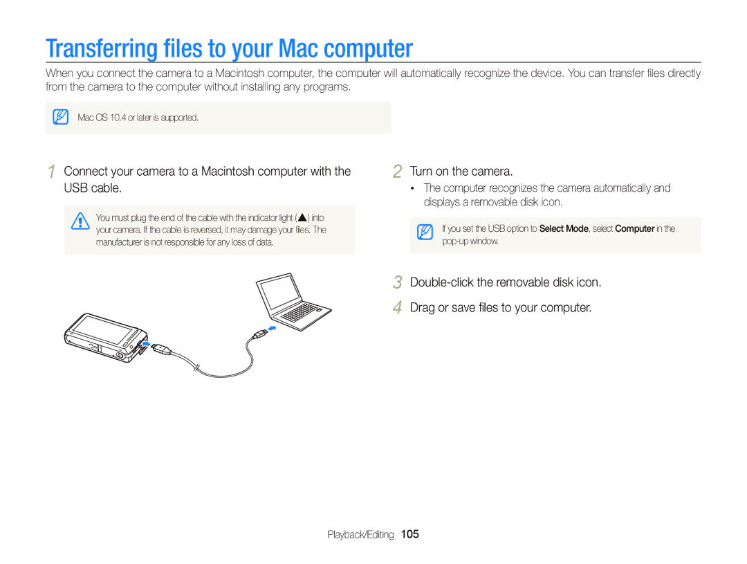 Samsung ECST700, EC-ST700ZBPBUS user manual Transferring ﬁles to your Mac computer 