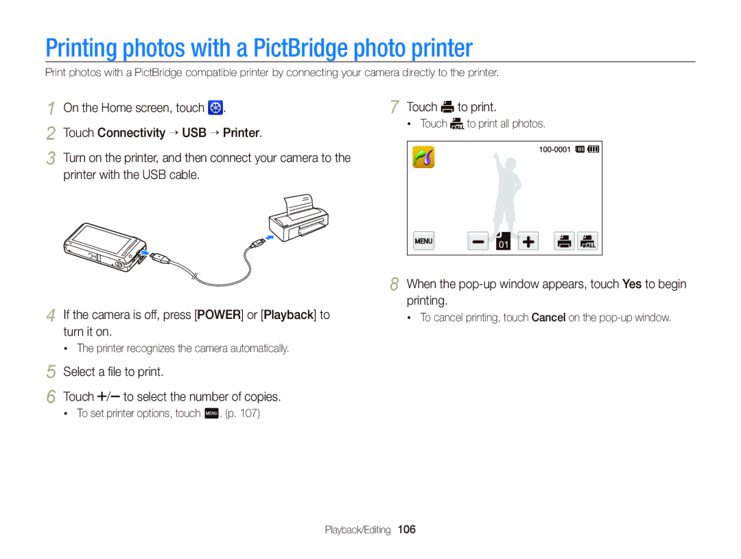 Samsung EC-ST700ZBPBUS, ECST700 user manual Printing photos with a PictBridge photo printer 