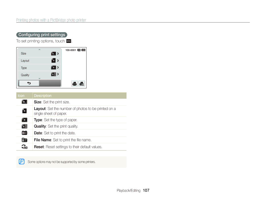 Samsung ECST700, EC-ST700ZBPBUS user manual Printing photos with a PictBridge photo printer, Conﬁguring print settings 