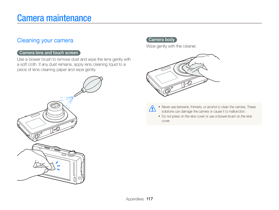 Samsung ECST700, EC-ST700ZBPBUS Camera maintenance, Cleaning your camera, Camera lens and touch screen, Camera body 