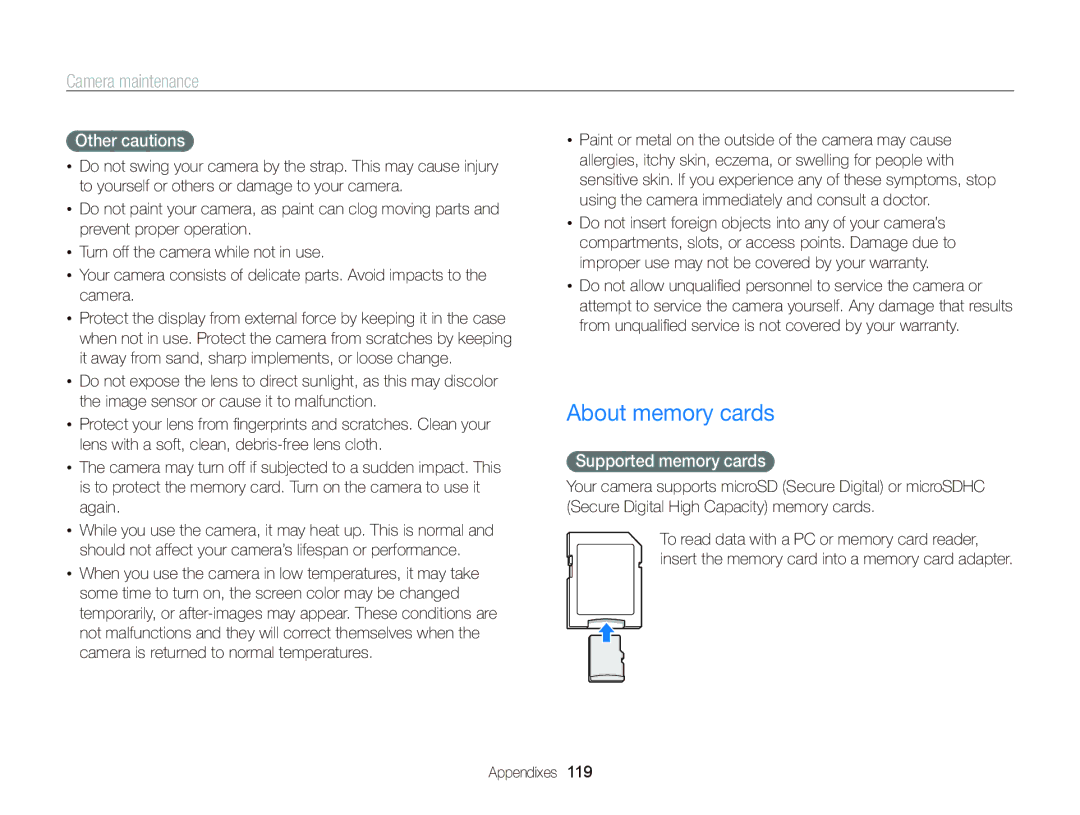 Samsung ECST700, EC-ST700ZBPBUS user manual About memory cards, Other cautions, Supported memory cards 