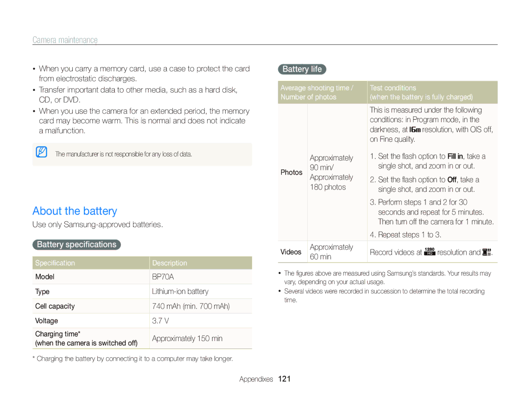 Samsung ECST700, EC-ST700ZBPBUS user manual About the battery, Battery speciﬁcations, Battery life 