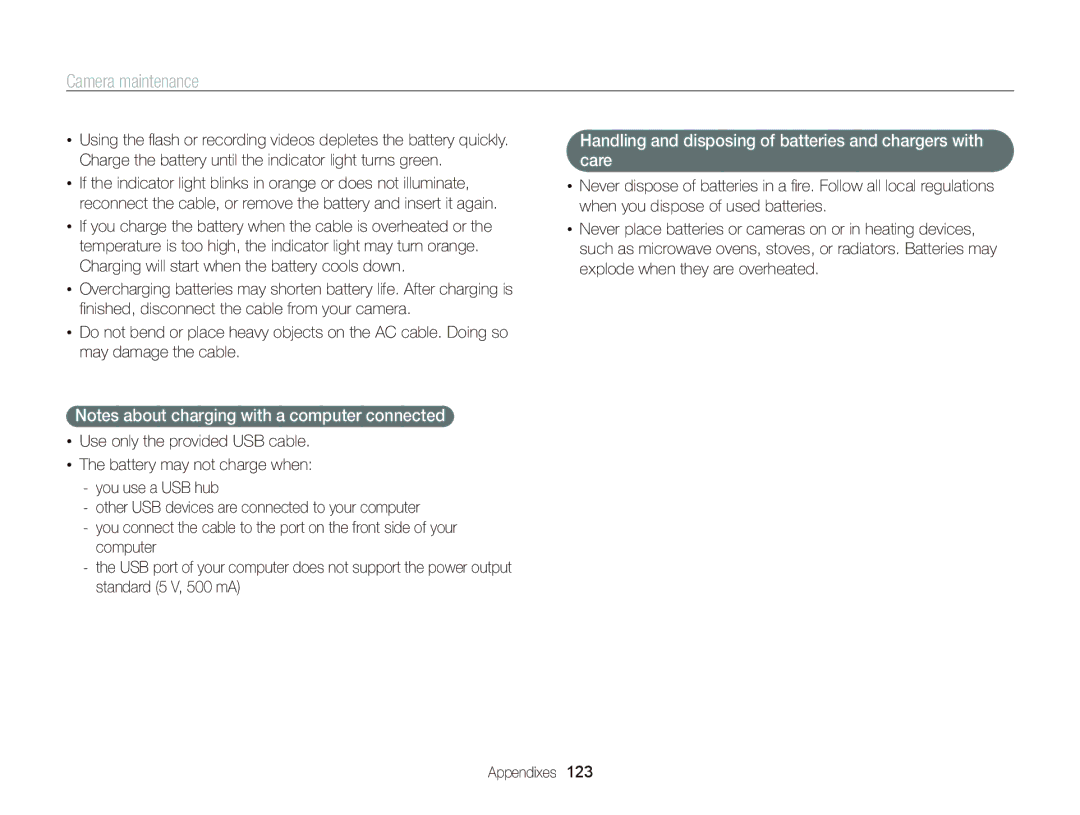 Samsung ECST700, EC-ST700ZBPBUS user manual Handling and disposing of batteries and chargers with care 