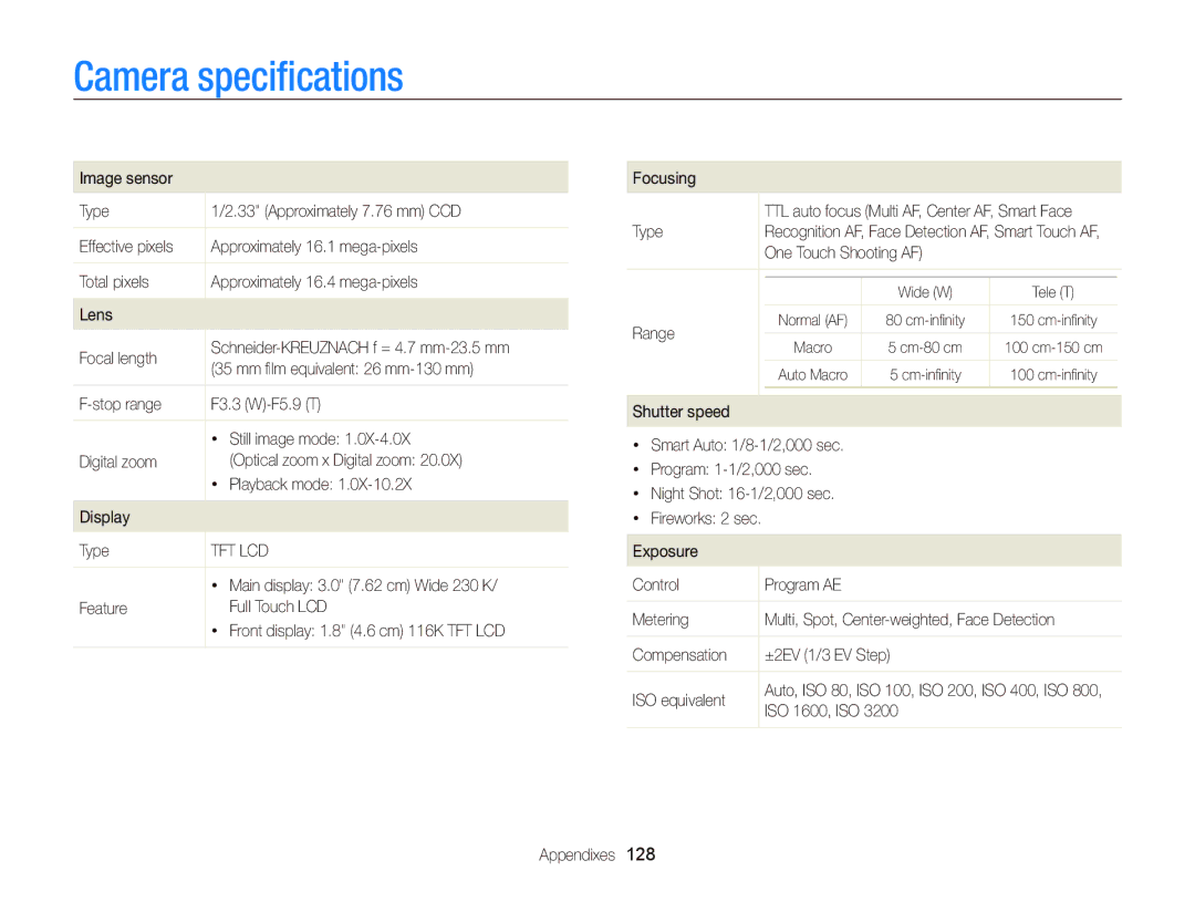 Samsung EC-ST700ZBPBUS, ECST700 user manual Camera speciﬁcations 