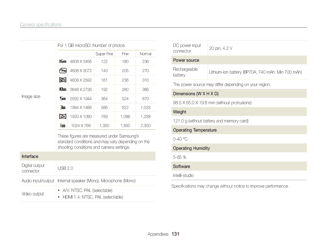 Samsung ECST700, EC-ST700ZBPBUS user manual Image size, Interface Digital output USB Connector, Video output, Battery 