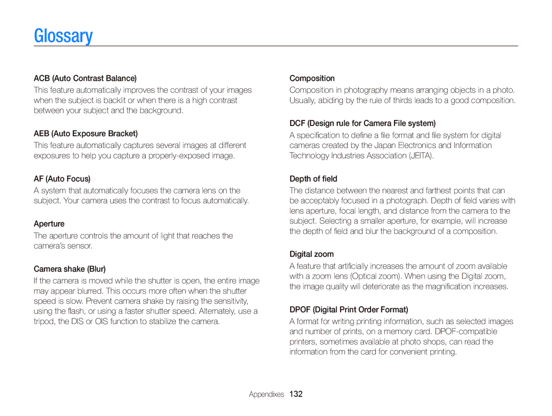 Samsung EC-ST700ZBPBUS, ECST700 user manual Glossary, AF Auto Focus, Composition, Dpof Digital Print Order Format 