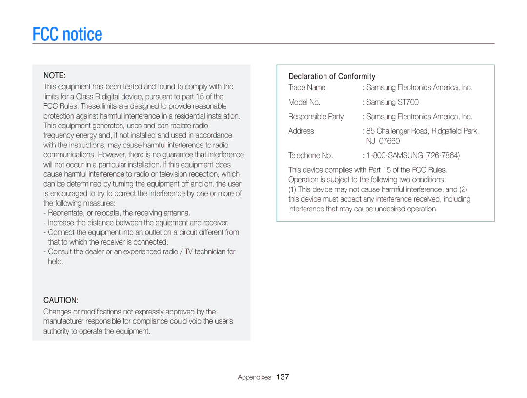 Samsung ECST700, EC-ST700ZBPBUS FCC notice, Model No Samsung ST700 Responsible Party, Address, Telephone No Samsung 