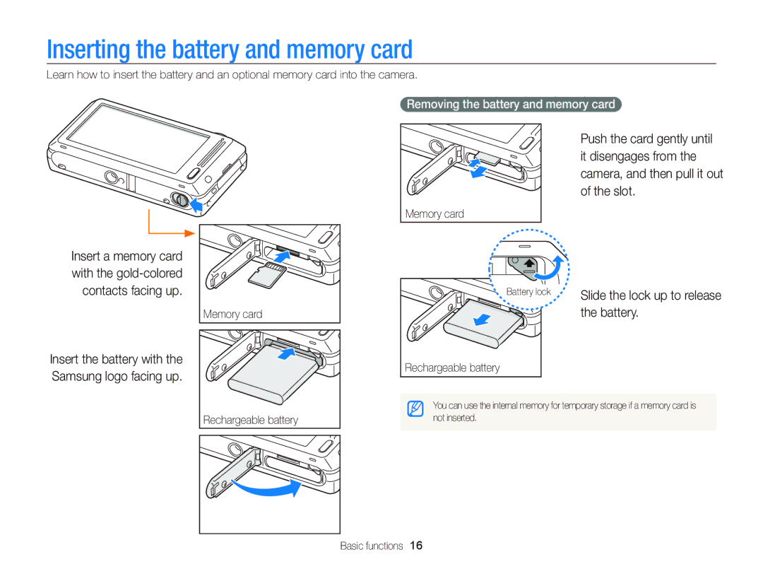 Samsung EC-ST700ZBPBUS, ECST700 user manual Inserting the battery and memory card, Removing the battery and memory card 