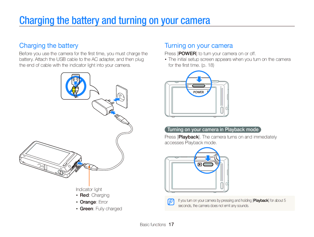 Samsung ECST700, EC-ST700ZBPBUS user manual Charging the battery and turning on your camera, Turning on your camera 