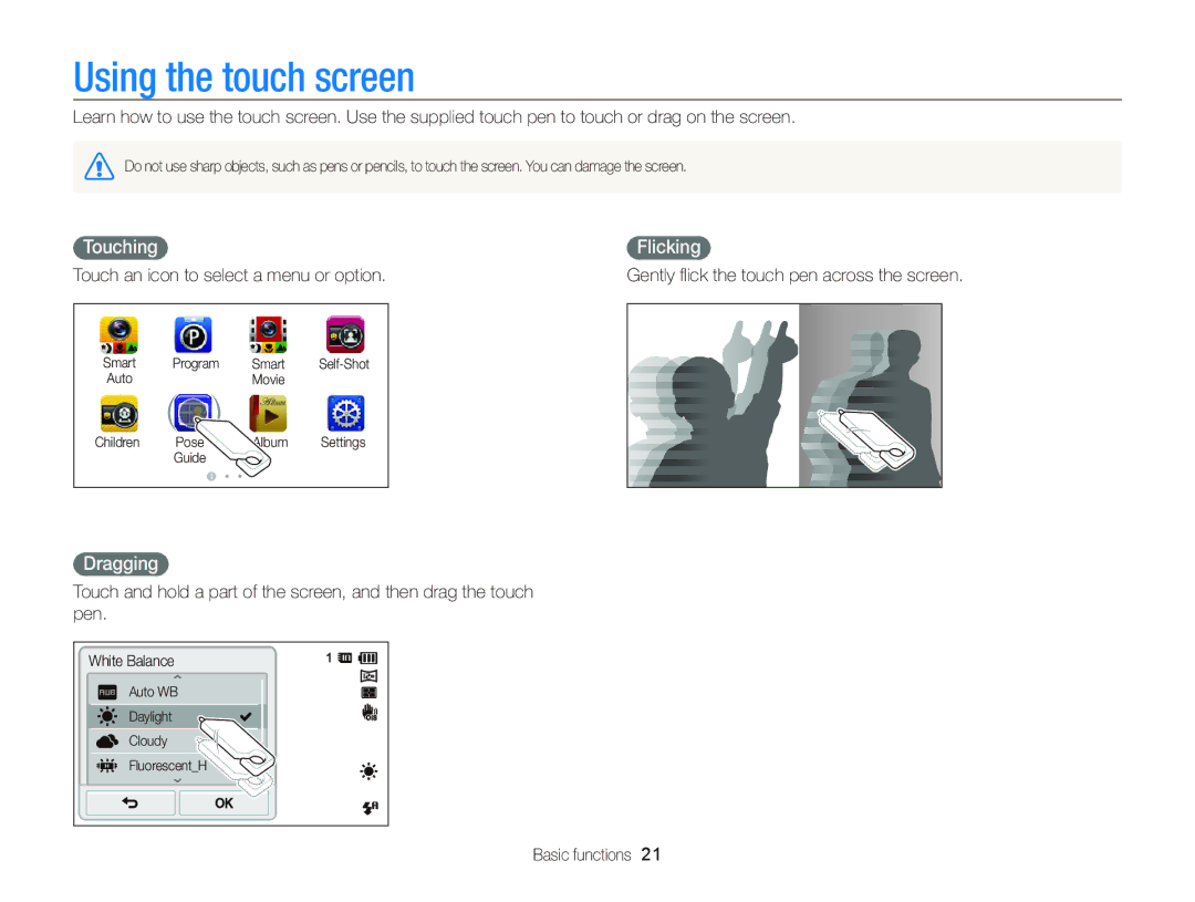 Samsung ECST700, EC-ST700ZBPBUS user manual Using the touch screen, Touching, Flicking, Dragging 