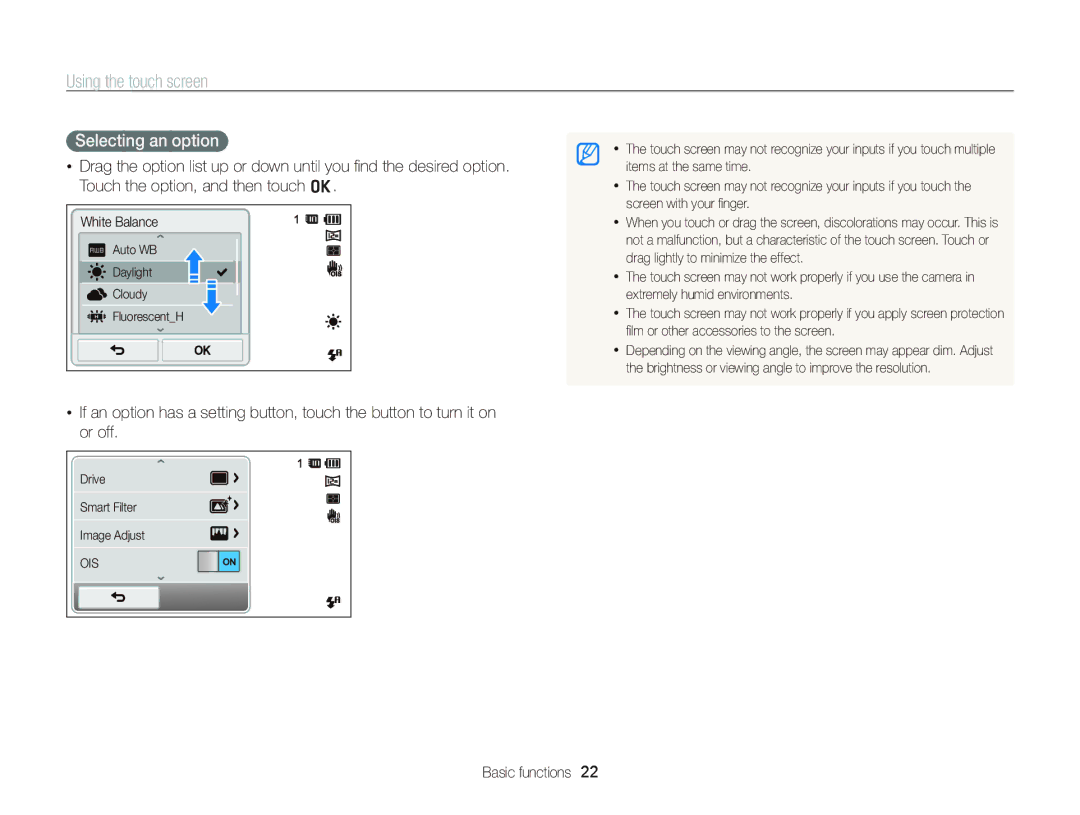 Samsung EC-ST700ZBPBUS, ECST700 user manual Using the touch screen, Selecting an option 