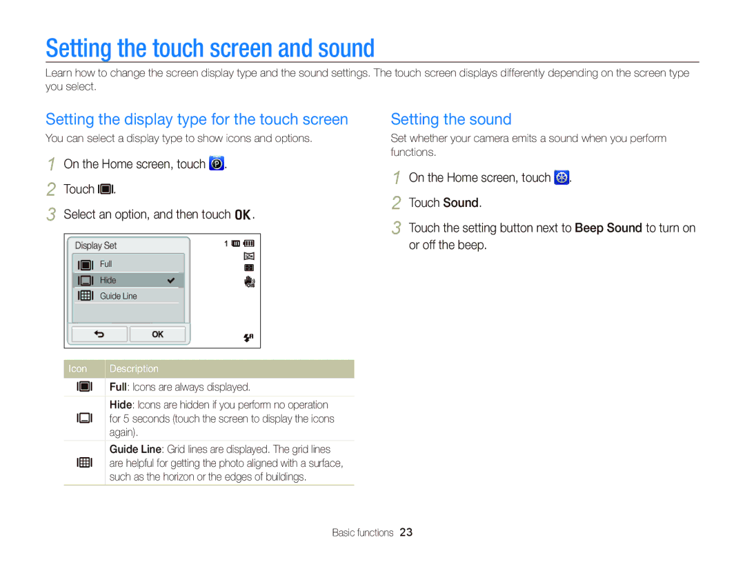 Samsung ECST700 Setting the touch screen and sound, Setting the display type for the touch screen, Setting the sound 