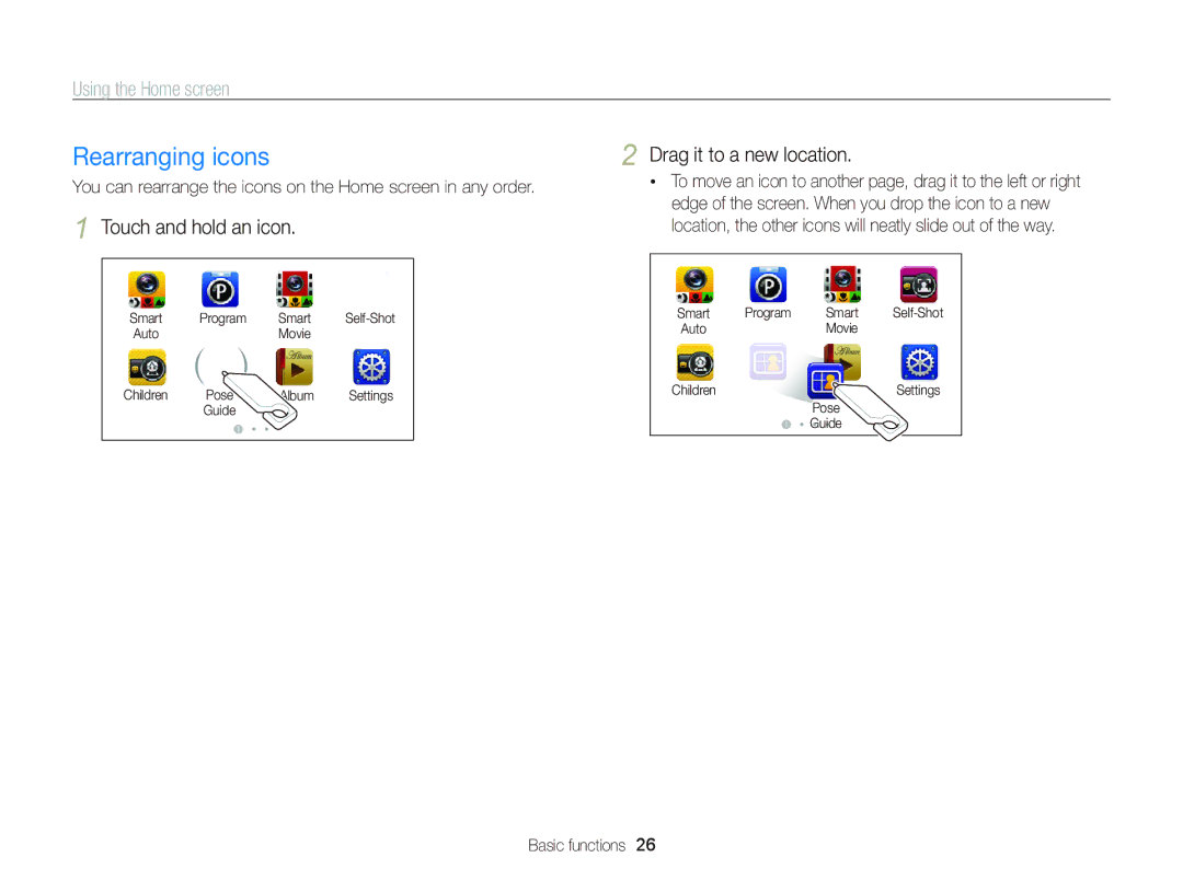 Samsung EC-ST700ZBPBUS, ECST700 user manual Rearranging icons, Touch and hold an icon, Drag it to a new location 